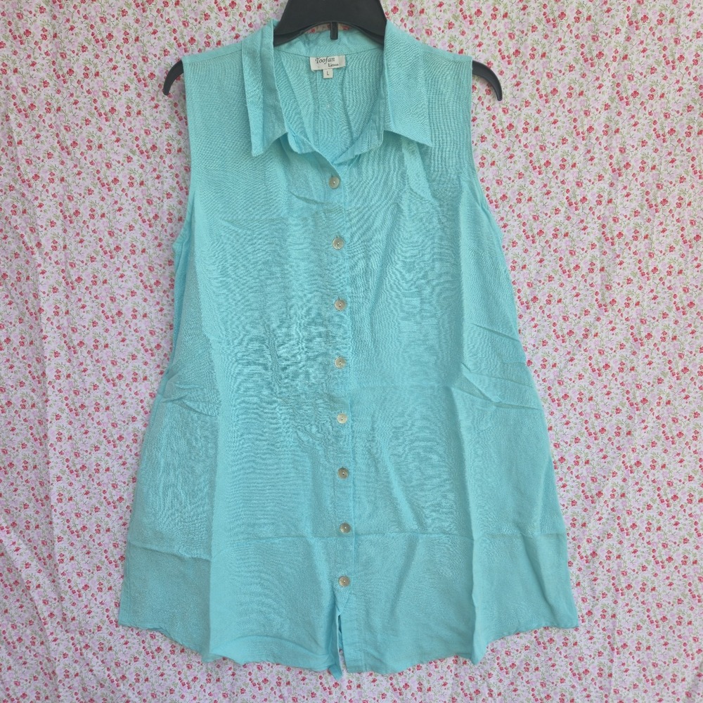Toofan Linen Aqua Blue Sleeveless‎ Button Up Tunic Shirt L Women's With Pockets